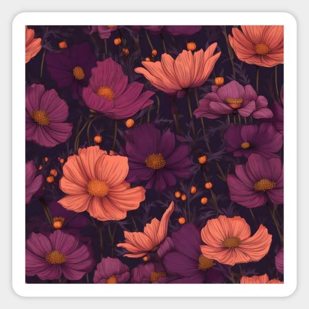 Dark Floral Pattern of Purple and Coral Cosmos Sticker by kansaikate